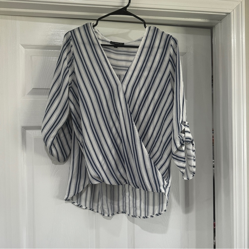 West Kei Navy and White Striped Wrap Blouse